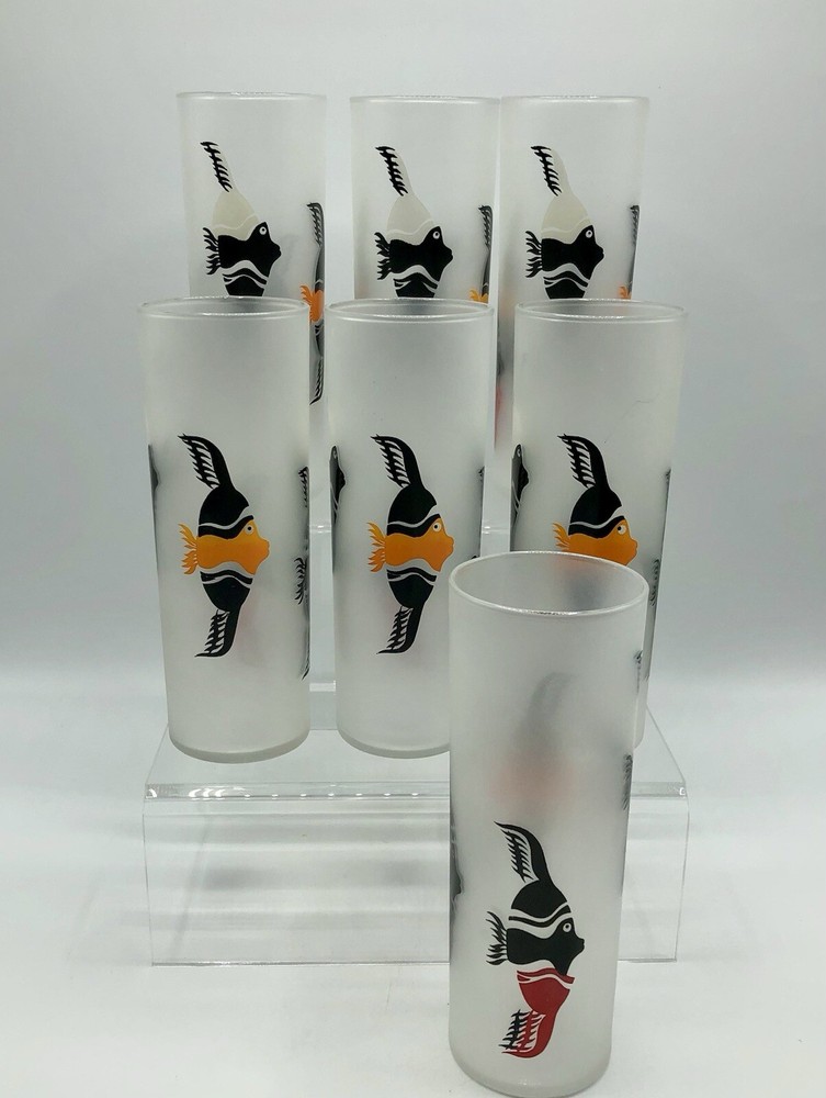 Set Of 7 Vtg Federal Frosted Tom Collins Angel Fish Glasses /b