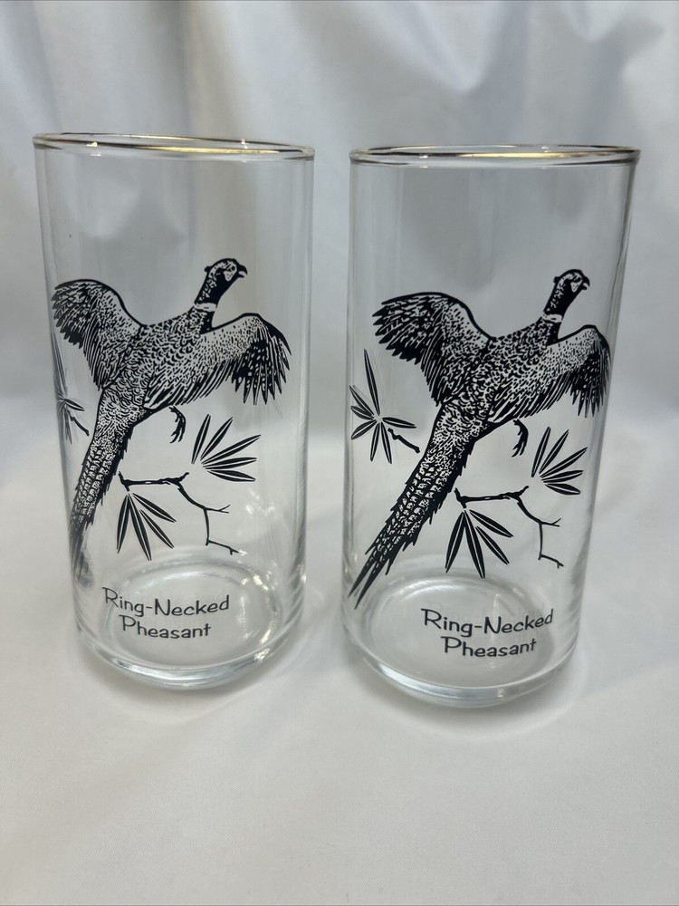 2 VTG MCM «SPORTSMAN» Federal Glass Game Birds 12oz Tumblers: Ring Neck Pheasant
