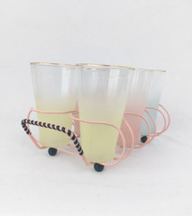 Vintage Blendo Pastel Highball Cocktail Glasses w/ Caddy, Pink Yellow Blue
