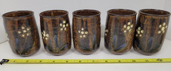 5pc Vintage Floral Pottery Juice Cups Hand Painted Drip Glaze Tumblers 3.5×2.25″