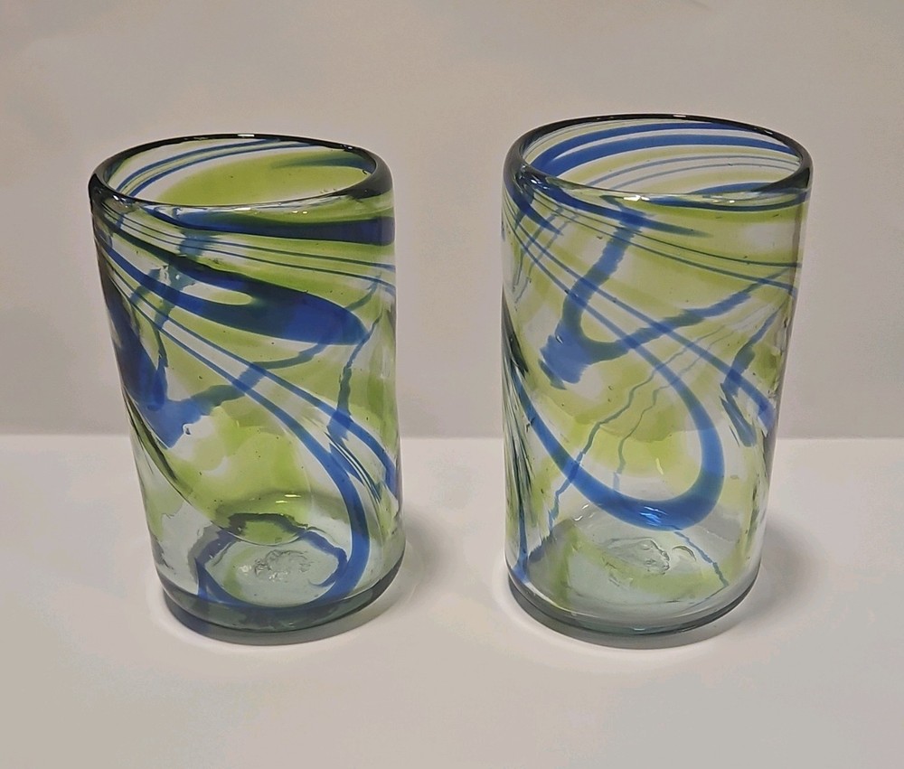Set of 2 Pier 1 Imports Mexican Hand-Blown Glass Tumbler Blue Green Swirl 5 Inch
