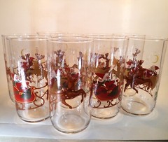 Libbey Tumblers Set of 9 Vintage Santa and Sleigh and Reindeer 5-1/4 Inch Tall