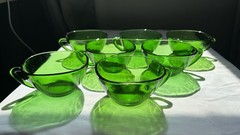 Vereco France Green Glass Cups Set Seven-Piece Round Glossy Printed Backstamp