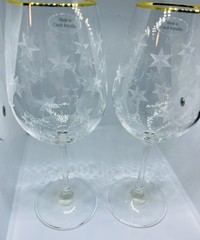 2 Vintage Etched Glass Atomic Star Burst Wine Glasses MCM Czech Gold Tone Trim
