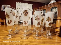 Set of 8 Vintage Libbey Frosted Glass Gold Leaves Pilsner Glasses 8 1/2″