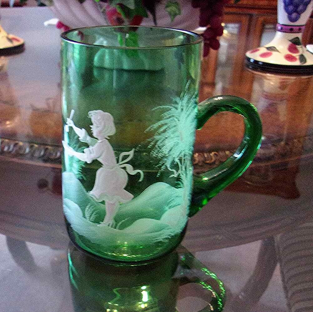 1890s Green Mary Gregory With Handle No Damage Authentic and Hard To Find