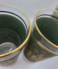 Vtg Jeanette Glass Co. Highball Glasses Laurel & Lyre Green & Gold Set Of 4 MCM
