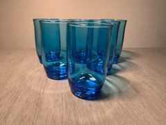 Vintage Anchor Hocking Flair Laser Blue small juice glasses, 3.75″ Set of 6
