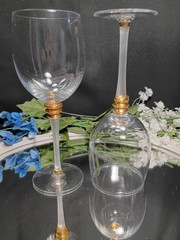 2 White Frost Stem, Triple Gold Lozenge Crystal Wine Glasses Pair Set