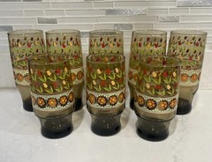 8 Vintage Floral Tulips MCM Mod Amber Drinking Libbey Juice Glasses 5-12oz,3-8oz
