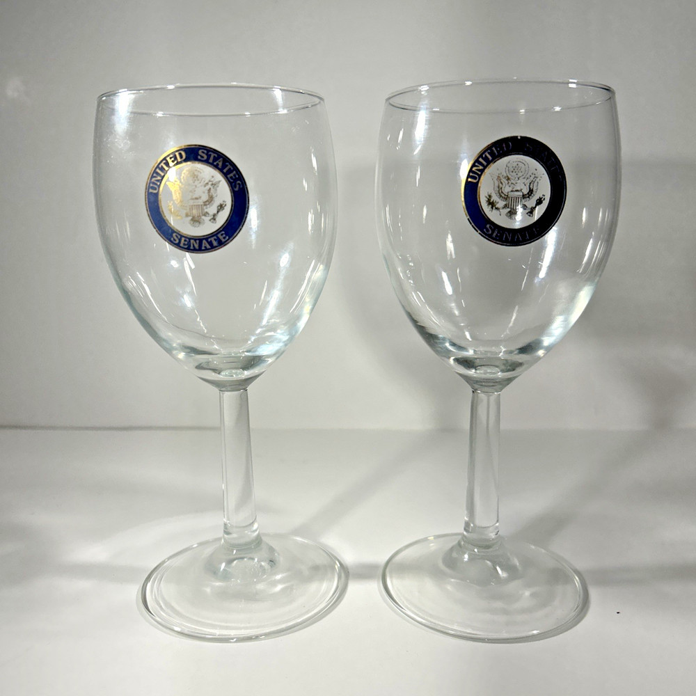 RARE United States Senate Wine Glass Emblem Gold Blue Glasses 7″ Lot Pair of 2
