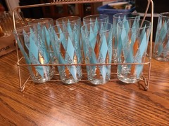 Vintage Hazel Atlas Teal Diamond Harlequin Glasses Set of 8 Caddy Plus 2 Spares