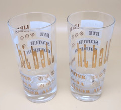 LOT OF 2: Vintage MCM Hi-Ball Bar Glasses Gold White Text Rye Scotch Bourbon