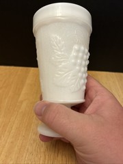 Vintage Footed Tumbler Goblet White Milk Glass Grapes Leaves 5.75″