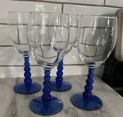 Libbey Metropolis Wine/Water glass Cobalt Blue Bead Base Clear Bell set of 4 MCM