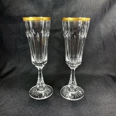 2 OSCAR DE LA RENTA DRESDEN Champagne Flutes GLASSES Crystal 8 1/4” Gold Trim