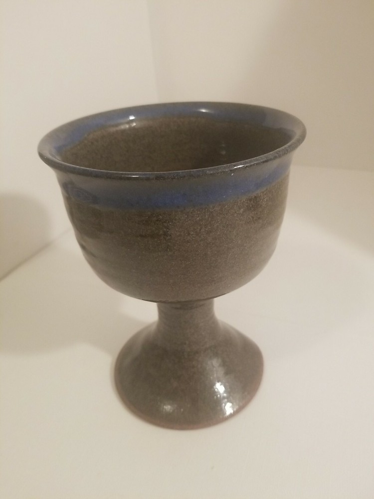 Vintage Signed Art Pottery Goblet Chalice Wine Glass~Stoneware~Blue Gray Glaze