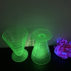 Anchor Hocking Block Optic Uranium Green Depression Glass Footed Tumblers
