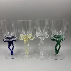 Jozefina Krosno Poland Art Glass Wine Stem Goblets Set Of 4, 1 UV Reactive