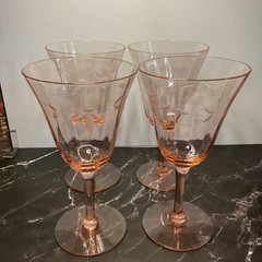 Set Of 4 Vintage Etched Pink Wine Glasses Floral Leaf Pattern