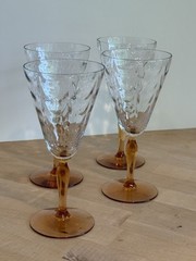 Fostoria Cellini Loop Optic 5093 Amber Stemware Wine Glasses 4pc c1926 USA 7.5″t