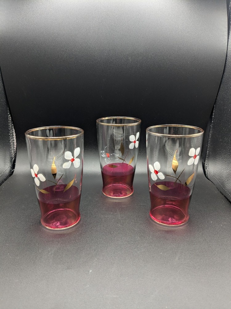 Vtg Bartlett Collins 3 Pc Tumblers Handpainted Dogwood Flowers With Gold Trim…