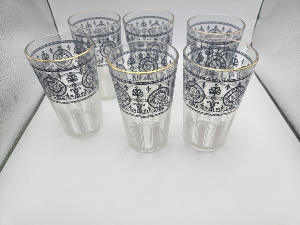 Set 6 MCM Hazel Atlas Blue And White Rare Eagle 5″ Glass Barware Drink Tumblers
