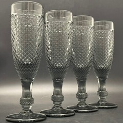 Vista Alegre Charcoal Grey Crystal Diamond Point Wine Flute 4pc Set Portugal 8″t