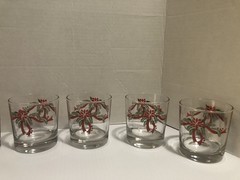 Vintage 7 Anchor Hocking Poinsettia and Ribbon Rocks Glasses Christmas Barware