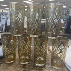 8 Vintage Culver Valencia 22K Gold Green Diamond Highball MCM Glasses