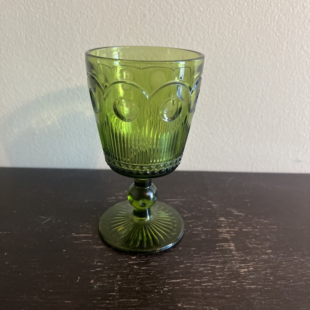 BARTLETT COLLINS ST. GENEVIEVE BULLSEYE CANE GREEN GLASS GOBLET 8 OZ