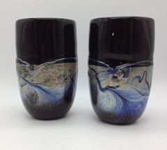 (2) Frederick Warren Art Glass Studio Tumblers Black/Blue Iridescent Swirls 1991