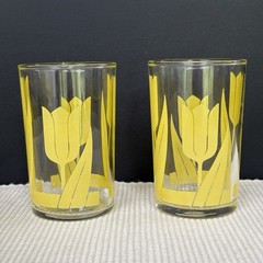 Vintage Libbey Yellow Tulips Flowers Floral Juice Glass MCM Set of 2