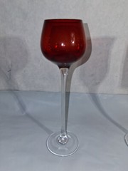 3 Hand Blown Crystal Ruby Red Mini Wine Glasses Goblets w/Clear Stem RARE Decor