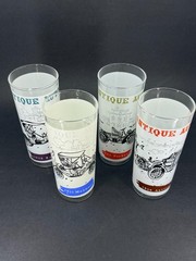 Set of 4 Anchor Hocking Antique Car Autos Frosted Glass Tumblers Vintage