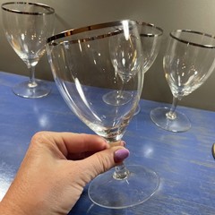 Set of 4 Clear Glass White Wine Glasses with Silver Rim 6.25 Inch Tall Vintage