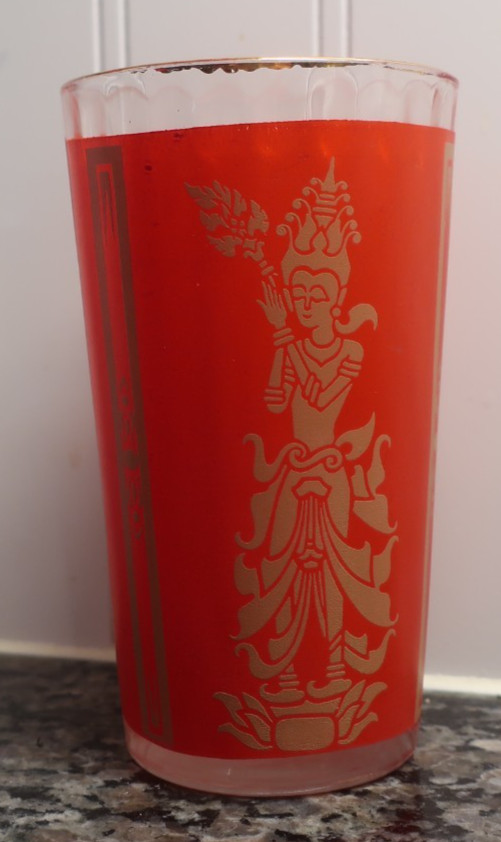 Vintage MCM Culver Thai Goddess Tumbler Glass – Red & Gold – Siam Highball 6.5″