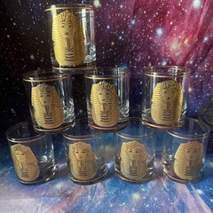 Vintage Culver King Tut Glasses Set of 8 22k Gold Metallic Egyptian Art Deco MCM