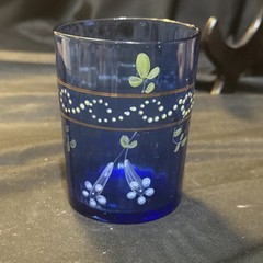 Early 1900s Optic Ribbed Enamel Decorated Blue Tumbler Glass 4 In