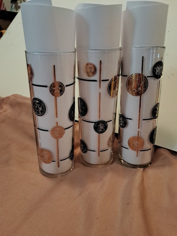 Mcm Libbey Old Coin 1960 Tom Collins Glasses Set Of 3 Vintage