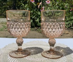 VTG INDIANA GLASS DIAMOND POINT PINK WATER GOBLETS WINE GLASSES SET OF TWO,MINT
