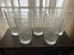 Set 5 Libbey Vintage MCM Frosted White Lace Floral Glasses 5.5” Gold Rimmed Rare