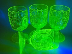 VINTAGE LG WRIGHT LOT 4 YELLOW URANIUM VASELINE MOON & STARS 6″ GOBLET GLASS