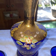 VTG Czech Bohemian Cobalt Blue & Gold Enamel Flowers Decanter & Cordial 3 Cups