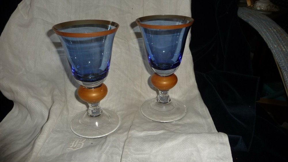 #1120 Water GLASS 2 Goblet BLOCK Crystal 7″ T STEMED BLUE w Mustard Gold & Clear