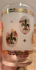 Vtg Set Of 6 Hazel Atlas Juice Glasses Frosted Finish Gold Fleur-De-Lis