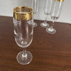 Cellini 24K GOLD Trim Etched Blown Crystal Wine Glasses Set of 4 Italy