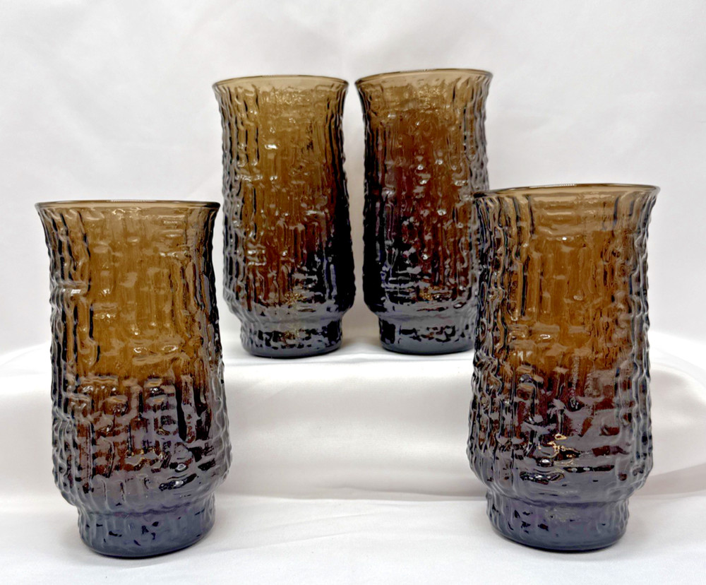 Vintage Smoke Brown Bark Textured Juice Glasses Set of 4 MCM Flared Tumbler 5.5”