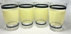 VTG Rare 1940-50s Yellow BURLAP (4) Tumbler Retro Glasses Black Border Barware