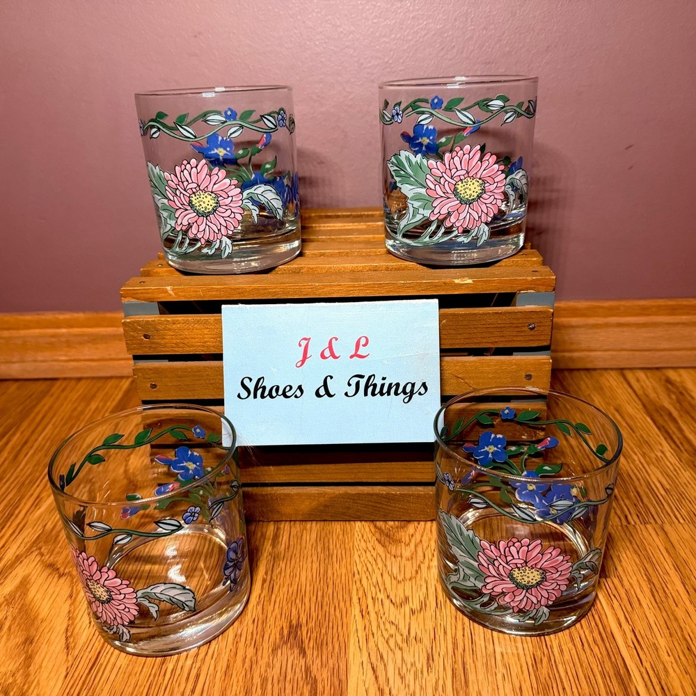 International Tableworks Terrace Blossoms (4) Double Old Fashioned Glasses EUC
